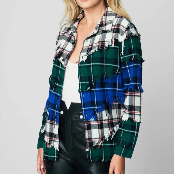Blank NYC Double Dare Blue Green Plaid Fringe Flannel Shacket Button Down Top M - Picture 2 of 4